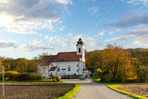 Hagenbrunn in the Weinviertel Region of Lower Austria. Beautiful church St. Veit during autumn.  photo