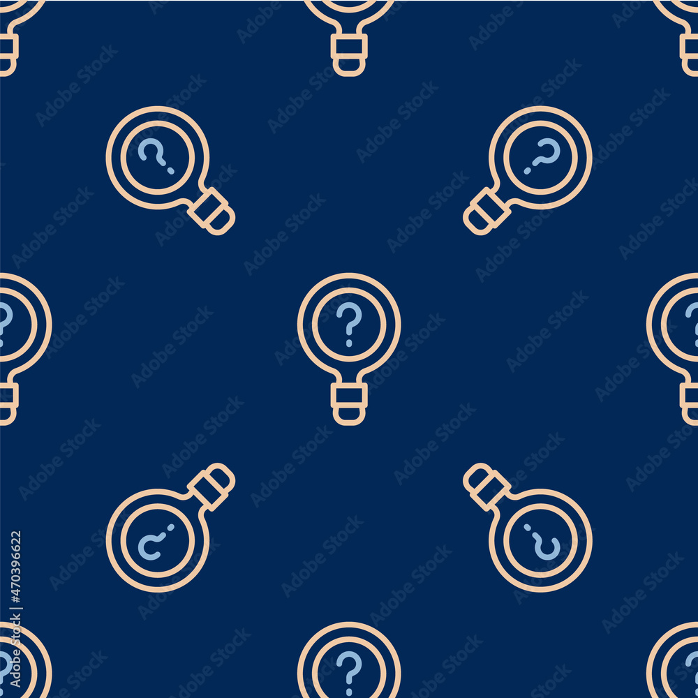 Line Unknown search icon isolated seamless pattern on blue background. Magnifying glass and question mark. Vector