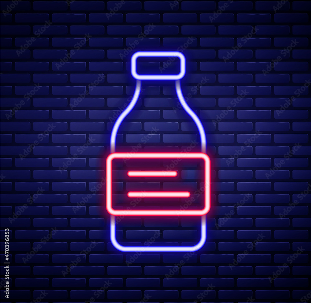 Glowing neon line Bottle of water icon isolated on brick wall background. Soda aqua drink sign. Colorful outline concept. Vector Glowing neon line Bottle of water icon isolated on brick wall background. Soda aqua drink sign. Colorful outline concept. Vector