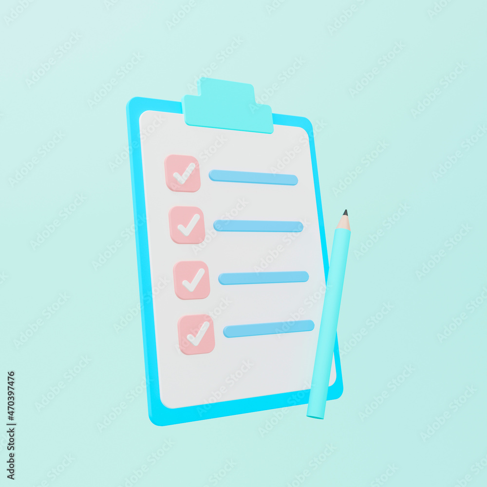 Clipboard with checklist and pencil on light blue background. 3d illustration Clipboard with checklist and pencil on light blue background. 3d illustration