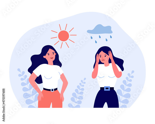 Sad girl standing in rain, smiling under sun. Negative and positive emotions of woman flat vector illustration. Mental health, psychology concept for banner, website design or landing web page