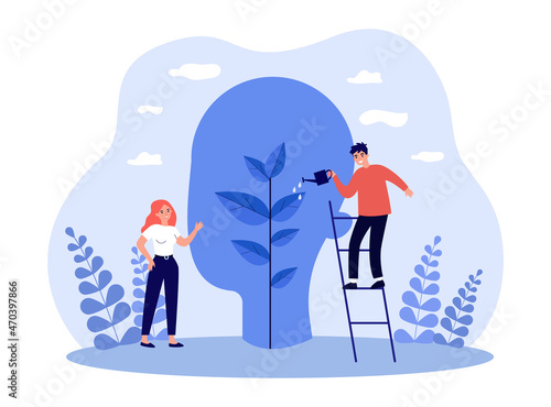 Tiny man and woman watering plant inside abstract head. Support for people in learning flat vector illustration. Mind growth, mental therapy concept for banner, website design or landing web page