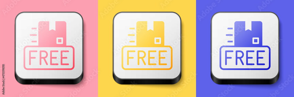 Isometric Cardboard box with free symbol icon isolated on pink, yellow and blue background. Box, package, parcel sign. Delivery, transportation and shipping. Square button. Vector Isometric Cardboard box with free symbol icon isolated on pink, yellow and blue background. Box, package, parcel sign. Delivery, transportation and shipping. Square button. Vector