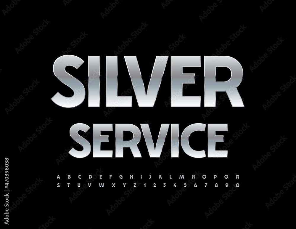 Vector concept sign Silver Service. Elegant metallic Font. Elite Alphabet Letters and Numbers set