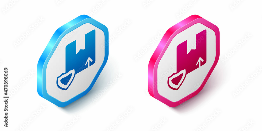 Isometric Delivery security with shield icon isolated on white background. Delivery insurance. Insured cardboard boxes beyond the shield. Hexagon button. Vector Isometric Delivery security with shield icon isolated on white background. Delivery insurance. Insured cardboard boxes beyond the shield. Hexagon button. Vector