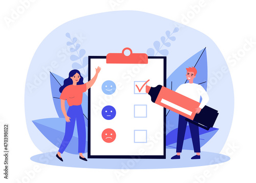 Customers working with survey list, feedback report on clipboard. Tiny man holding marker flat vector illustration. Questionnaire, priority concept for banner, website design or landing web page