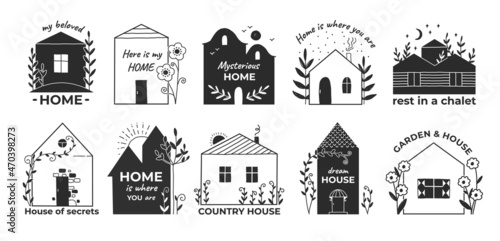 Home hand drawn logo. Doodle village barn and countryside cottage with garden. Real estate sketch emblems for rental property. Houses and plants. Vector rural residential buildings set
