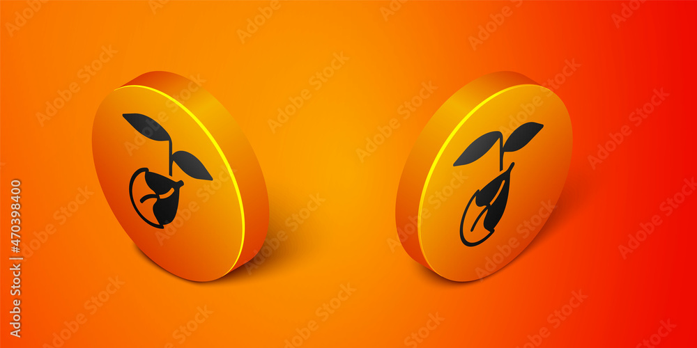 Isometric Sprout icon isolated on orange background. Seed and seedling. Leaves sign. Leaf nature. Orange circle button. Vector Isometric Sprout icon isolated on orange background. Seed and seedling. Leaves sign. Leaf nature. Orange circle button. Vector