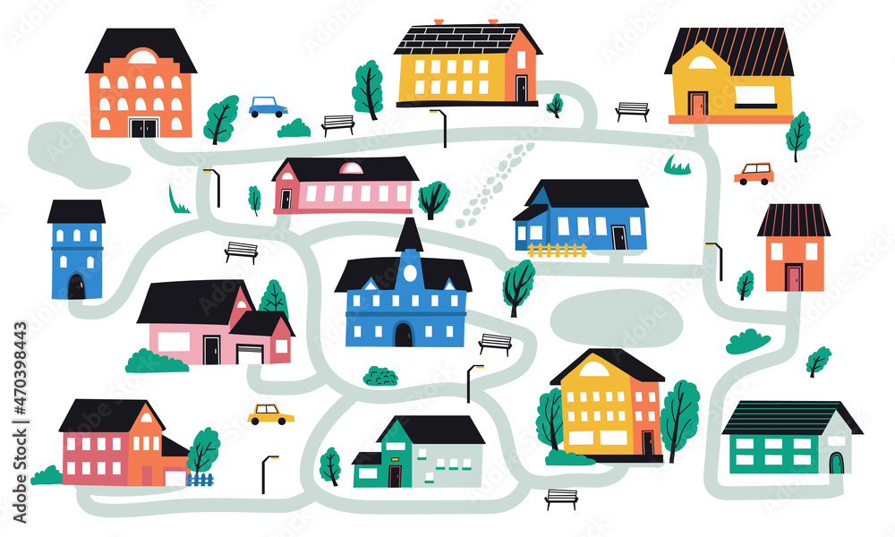 Abstract town. Cute hand drawn cozy cottage buildings with tiny windows, doors and small wall bricks. Doodle countryside with trees and roads. City map vector isolated illustration