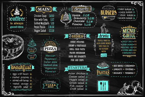 Chalk menu list on a blackboard, design template for cafe or restaurant