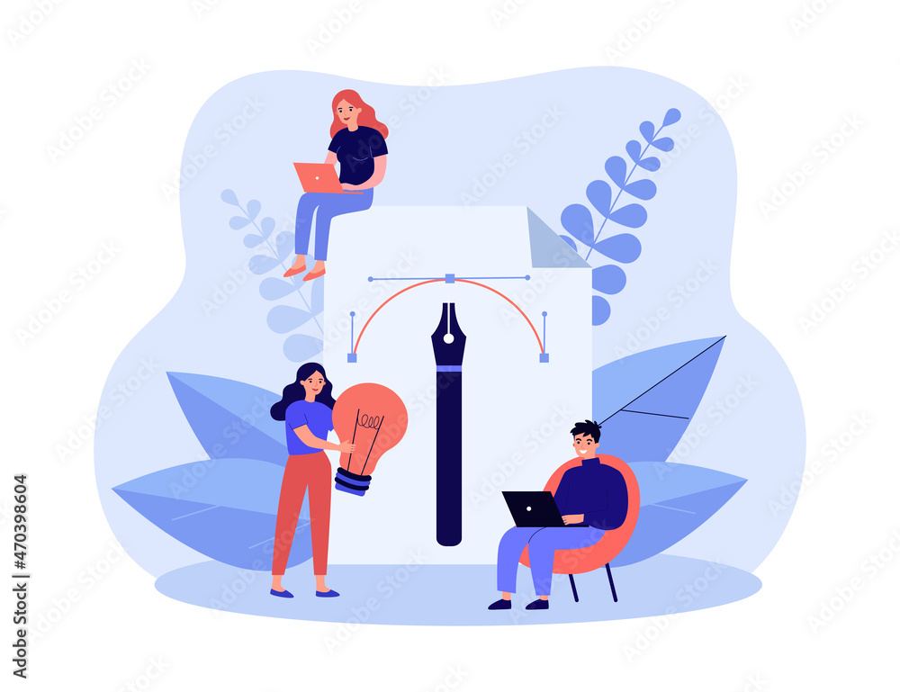 Tiny people drawing with pen in graphic editor. Persons using designers tool for work and creation flat vector illustration. Digital art content concept for banner, website design or landing web page