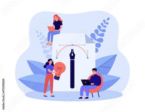 Tiny people drawing with pen in graphic editor. Persons using designers tool for work and creation flat vector illustration. Digital art content concept for banner, website design or landing web page