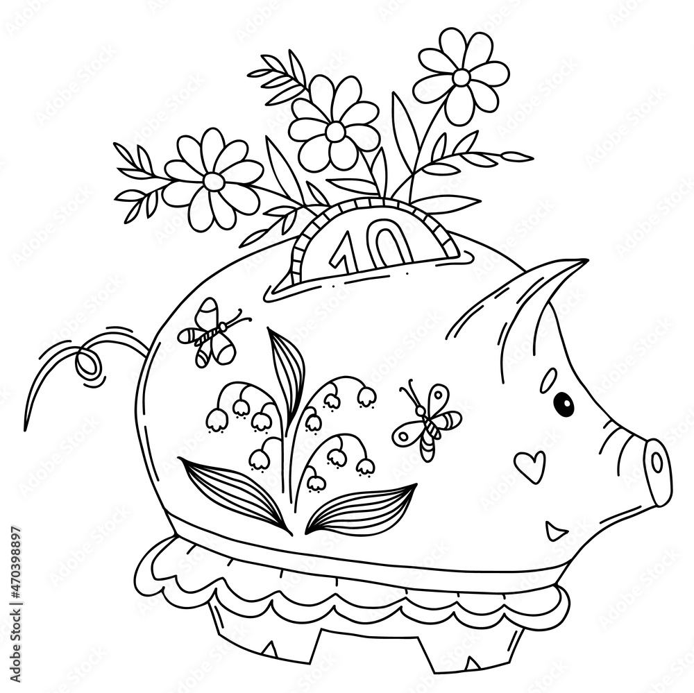 Naklejka premium Cute spring pig piggy bank. Vector illustration in hand doodle style. Pig piggy bank with coin, bouquet of flowers, lilies of valley and butterflies. Outline, linear sketch of financial character