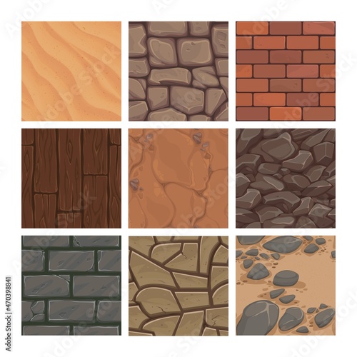 Game background texture. Cartoon ground earth, rock and sand geological structures. Stone or brick masonry templates. Wall UI collection. Wooden floor surface. Vector soil layers set