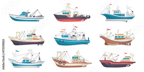 Fishing boat. Cartoon marine fisherman sea vessel. Trawler for seafood transportation. Fishery traditional motorboat. Water transport for fish catching. Vector nautical powerboats set