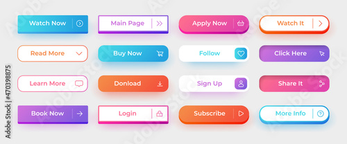 UI button. Website rectangular modern action interface elements. App click download and subscribe screen icons for user interaction. Search or sign up frames. Vector digital symbols set