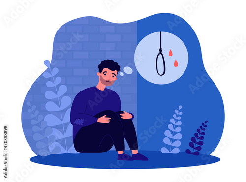 Man in depression and stress thinking about gallows. Thoughts on death of male character flat vector illustration. Suicide, mental health concept for banner, website design or landing web page