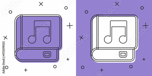 Set Audio book icon isolated on white and purple background. Musical note with book. Audio guide sign. Online learning concept. Vector