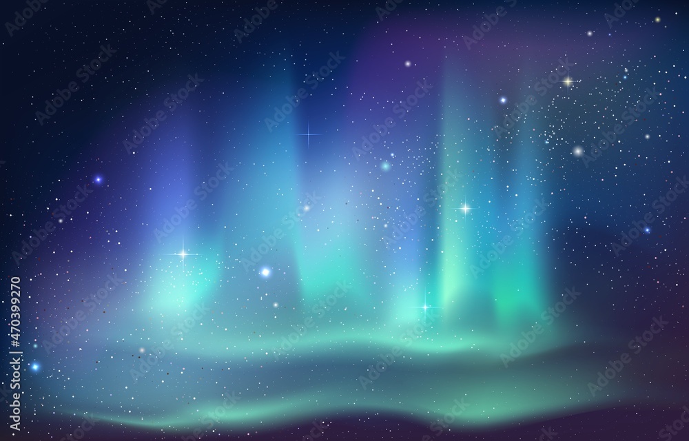 Aurora Borealis background. Arctic and Antarctic polar night sky with stars glowing Northern green blue and purple gradient magic effect. Vector winter night Stock Vector | Adobe Stock