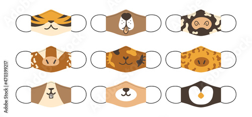 Cut face mask. Cute adorable prints of wild or home animals on hygiene facial respirators. Disease preventive equipment childish design. Vector reusable mouth protection medical tools set