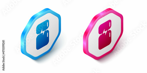 Isometric Refrigerator icon isolated on white background. Fridge freezer refrigerator. Household tech and appliances. Hexagon button. Vector