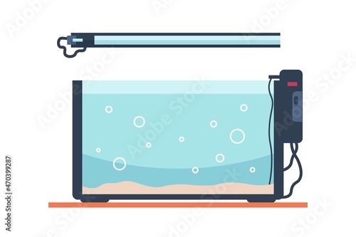 Cartoon aquarium with water and lamp. Empty fish tank template. Square fishbowl with air bubbles and sand. Isolated home furniture for swimming pets care. Vector full aqua glass cube