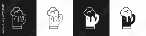 Set Glass of beer icon isolated on black and white background. Vector