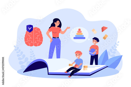 Teacher teaching children educational games. Tiny boy and girl playing with cubes and pyramid flat vector illustration. Kindergarten, education concept for banner, website design or landing web page