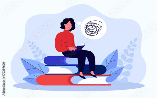 Student reading difficult book without understanding information. Tiny sad girl sitting with tangled thread flat vector illustration. Learning concept for banner, website design or landing web page