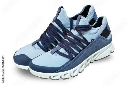  Sports shoes unisex demi-season sports shoes in white and blue, isolated on a white background