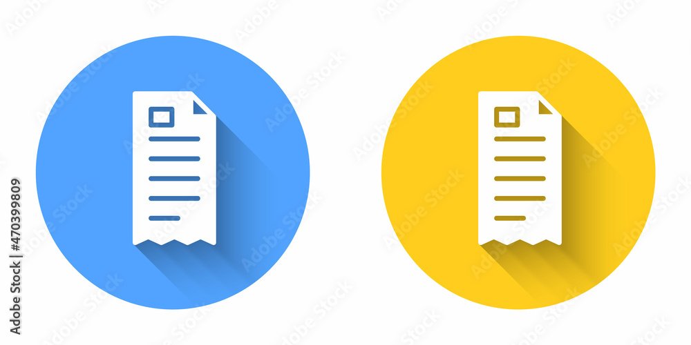 White Paper check and financial check icon isolated with long shadow background. Paper print check, shop receipt or bill. Circle button. Vector White Paper check and financial check icon isolated with long shadow background. Paper print check, shop receipt or bill. Circle button. Vector