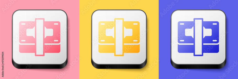 Isometric Stacks paper money cash icon isolated on pink, yellow and blue background. Money banknotes stacks. Bill currency. Square button. Vector Isometric Stacks paper money cash icon isolated on pink, yellow and blue background. Money banknotes stacks. Bill currency. Square button. Vector