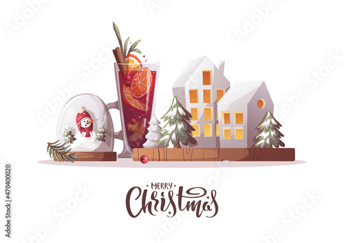 Merry Christmas greeting card. Snow globe with snowman, decorative lamp houses, mulled wine.  Vector illustration for poster, banner, card, postcard, cover.