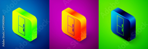 Isometric Refrigerator icon isolated on blue, purple and green background. Fridge freezer refrigerator. Household tech and appliances. Square button. Vector