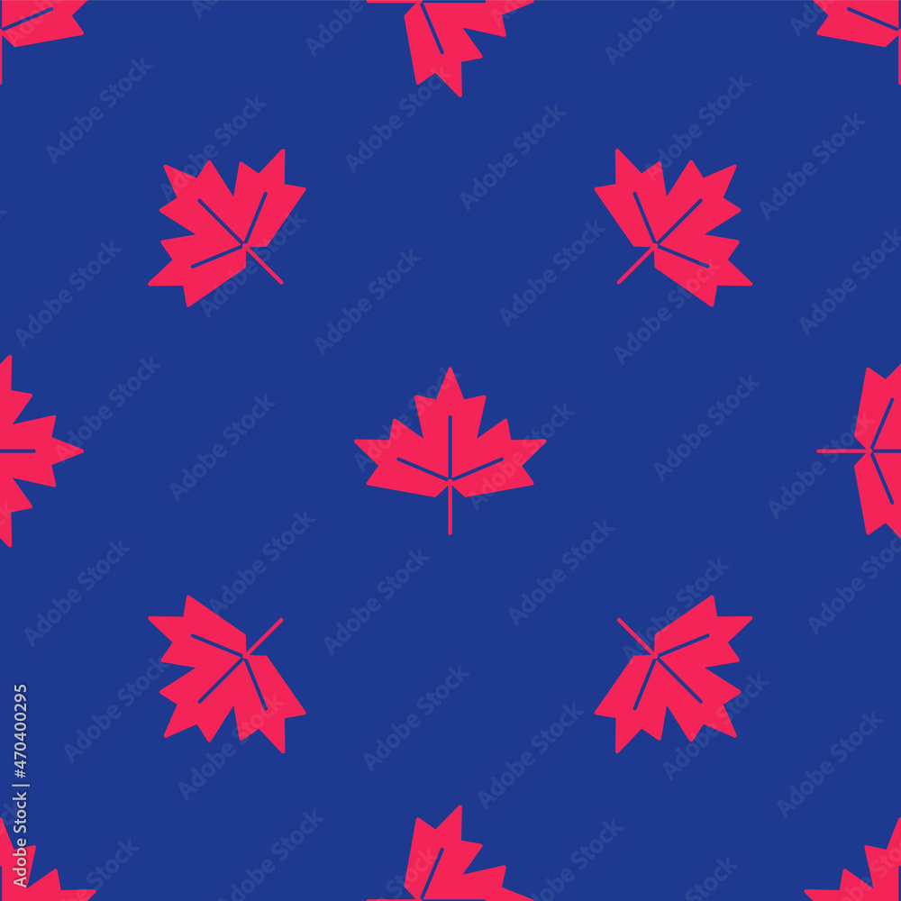 Red Canadian maple leaf icon isolated seamless pattern on blue background. Canada symbol maple leaf. Vector