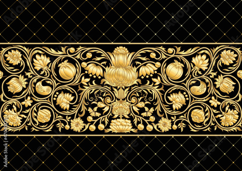 Fantasy flowers in retro, vintage, embroidery style. Seamless pattern, background. In gold and black.