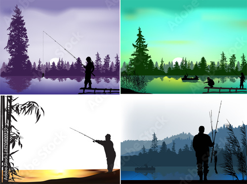 fishermen and boat silhouettes four compositions