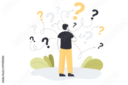Man looking at question marks and choosing right option to achieve success. Process of making decision to reach goal flat vector illustration. Business development way, confusion, doubt concept photo
