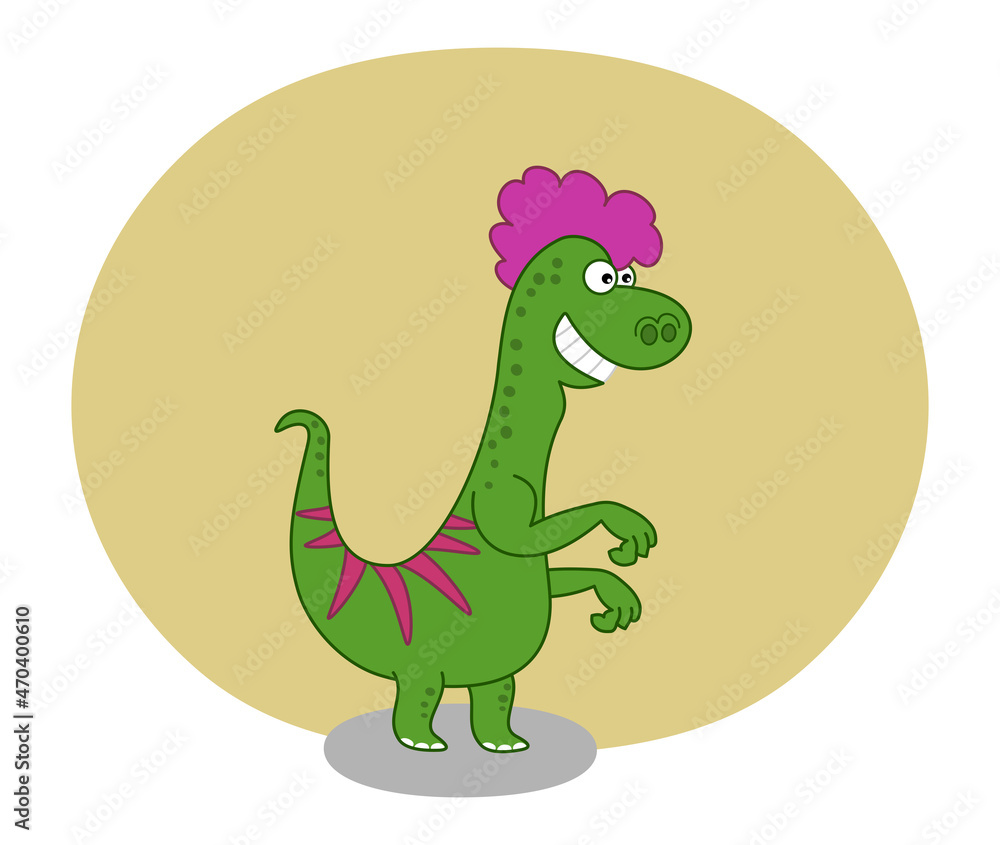 Smiling green lizard dinosaur with pink hair and yellow decoration Smiling green lizard dinosaur with pink hair and yellow decoration
