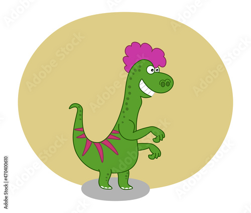 Smiling green lizard dinosaur with pink hair and yellow decoration