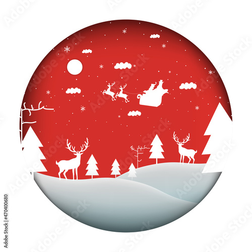 christmas rad background in paper art with dear and santa with moon and snow