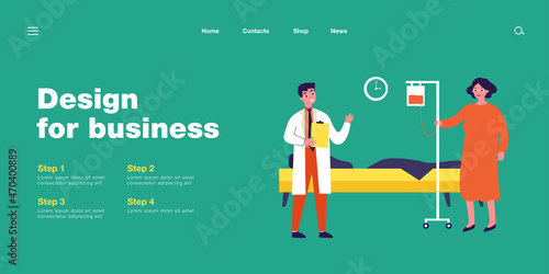 Young doctor and old woman in hospital. Flat vector illustration. Medical worker visiting patient, giving recommendations, doing medical inspection. Medical help, health, treatment, hospital concept