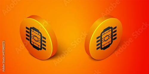 Isometric Table football game hobby or leisure icon isolated on orange background. Sport team football players. Orange circle button. Vector