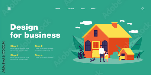 Happy man, girl and dogs in front of house. Backyard, guardian, kennel flat illustration. Lifestyle and domestic animals concept for banner, website design or landing web page
