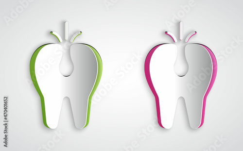 Paper cut Broken tooth icon isolated on grey background. Dental problem icon. Dental care symbol. Paper art style. Vector