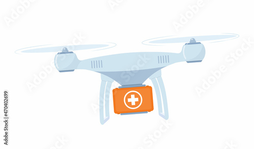 Drone with first aid kit. Emergency medical concept. Quadcopter carrying a medicine chest. Technological shipment innovation. Drone delivery service. Vector Illustration.