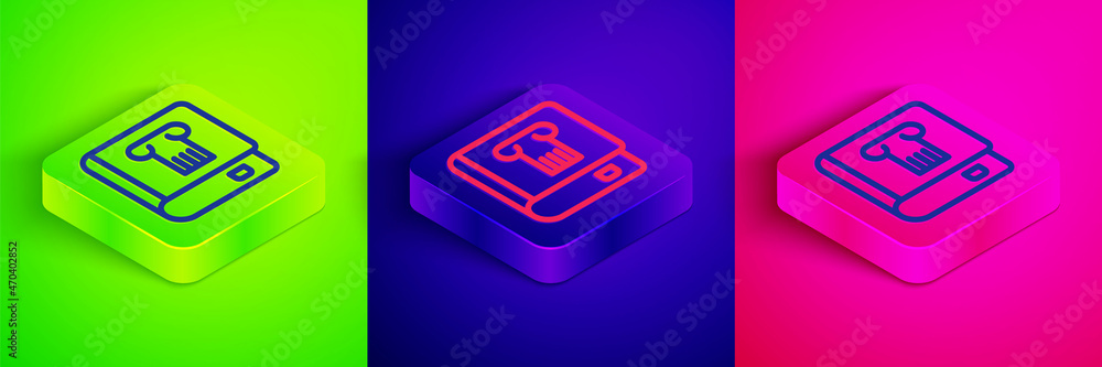 Isometric line History book icon isolated on green, blue and pink background. Square button. Vector Isometric line History book icon isolated on green, blue and pink background. Square button. Vector
