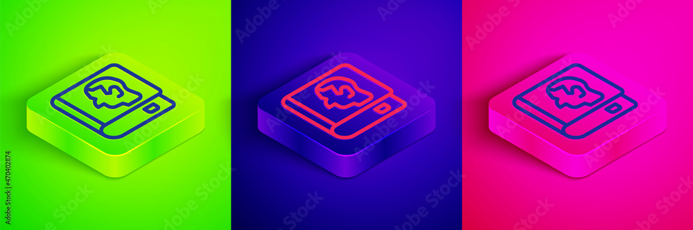 Fototapeta premium Isometric line Law book icon isolated on green, blue and pink background. Legal judge book. Judgment concept. Square button. Vector
