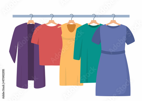 Clothes hang on a hanger. Fashion boutique, assortment showroom. Women's personal wardrobe, dressing room. Dress, tunic, blouse on hangers. Vector illustration.