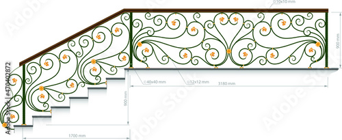 Forged balcony. Railing vector image with dimension. Wrought iron fence, stairs. Artistic forging grating. Decorative ornament. Contour illustration with abstract swirls and flowers
